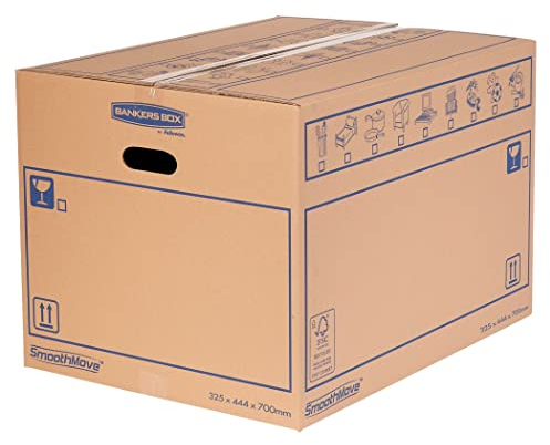15 BANKERS BOX EXTRA LARGE Strong Moving Boxes, 100L SmoothMove Cardboard Packing Moving Boxes, Heavy Duty Double Wall Boxes for Moving House with Handles, 70cm x 44cm x 33cm (Pack of 15), Brown