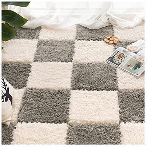 16Pcs Interlocking Foam Carpet,Shaggy Soft Foam Play Mat,Fluffy Area Rugs,Square Plush Puzzle Floor Tiles,Crawling Mats for Living Room Bedroom,12X12inch,Beige+Grey