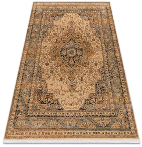 Teppich Wolle KESHAN Franse, Ornament, Rahmen orientalisch beige/blau 80x145 cm