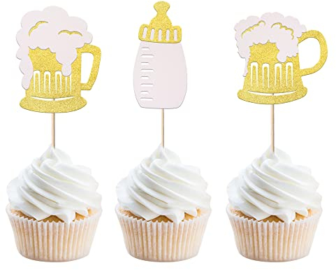 24 Pack Beer Cupcake Toppers Baby and Beer Mug Cupcake Picks Beer Mug Wine Barrel Cake Decorations Celebrating Baby Shower Birthday Party Supplies