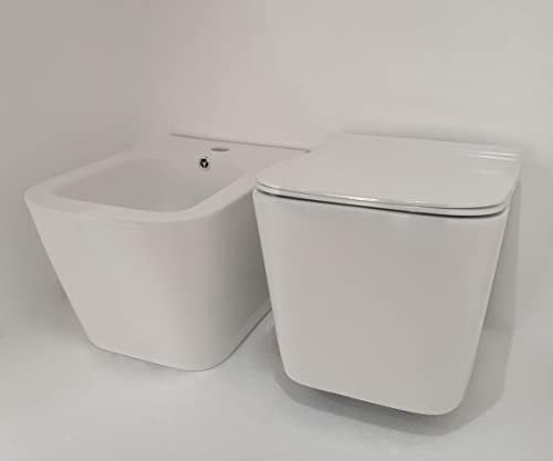 GT-LUX Coppia Sanitari WC e Bidet Sospesi Senza Bordo Quadrati LX-1148 LX-1067 in Ceramica Coprivaso Rallenty-Soft Bianco Sedile Toilette a Muro Vaso a Parete Copriwater Chiusura Rallentata