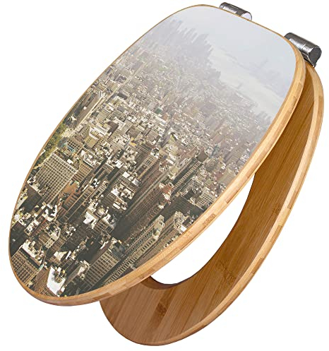 banjado Design WC Sitz Bambus Absenkautomatik 45,8x37,5cm - Toilettendeckel mit Absenkautomatik Holz - hochwertiger Bambus Klodeckel - WC-Sitz für gängigen Toiletten - Motiv Manhattan 1