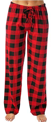 Schlafanzughose Damen Lang Flanell Baumwolle Karierte Pyjamahose Winter Weich Nachtwäsche Hose Schlafhose Freizeithose Strandhose mit Taschen und Kordelzug (Red, XL)