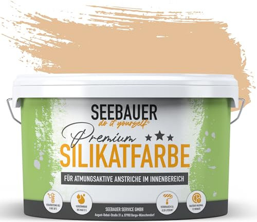 SEEBAUER diy Silikatfarbe Orange 5L für Innen (No. 521 Tangerine Temptation) Atmungsaktive Mineralfarbe für Allergiker - Abwaschbare Wandfarbe - Orangetöne hohe Deckkraft
