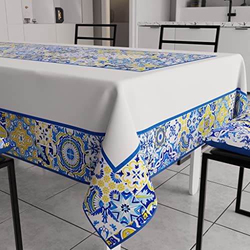 PETTI Artigiani Italiani - Tovaglia Antimacchia Rettangolare Copritavolo Cucina Disegno Geometrico Vietri Blu X12 Posti (140x240 cm) 100% Made in Italy