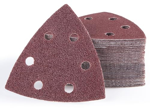 MIDO Professional Abrasive Mouse Sander Pads 60 PCS 93 mm Detail Sander Sandpaper 6 Holes Triangle Hook and Loop Sanding Disc Assorted 60/120/180/240/320/400 Grits