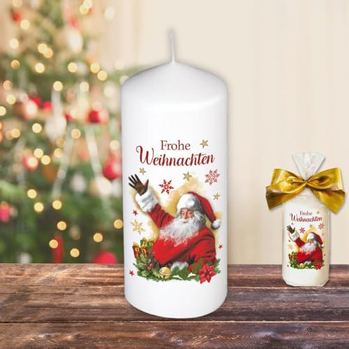Weihnachtskerze Stumpenkerze – Frohe Weihnachten, Wichtel - Weihnachtswichtel Kerze in Geschenkverpackung mit Schleife zu Weihnachten | moderne Motive auf Tattoofolie Schiebefolie