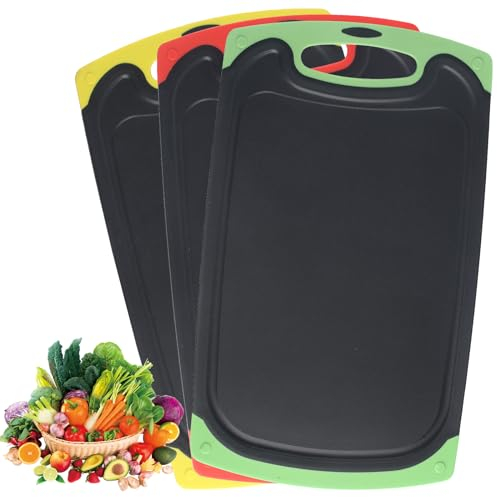 XiangJunly Set di 3 taglieri spessi per la cucina, grande tagliere antiscivolo, frutta e verdura, carne, taglieri per la colazione, con foro di sospensione, in plastica riutilizzabile (scuro)