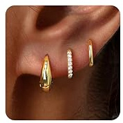 Poxtex Small 14K Gold Plated Huggie Hoop Earrings Set for Women, Hypoallergenic Trendy Hoops Stacks for Multiple Piercings, Dainty Cute Mini Lightweight Cartilage Helix Jewelry Gift Sensitive Ears