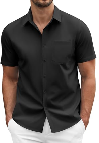 COOFANDY Mens Casual Dress Shirt Short Sleeve Business Attire Regular Fit Polyester Wrinkle Free Button Down Shirts with Pocket Black Large