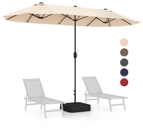 GOPLUS Doppelsonnenschirm 400 x 200 cm, Sonnenschirm mit Ständer und LED Solar, UV 50+, Balkonschirm groß für 6-8 Personen, Gartenshirm mit Kurbel & 12 Rippen, Marktschirm Tischschirm