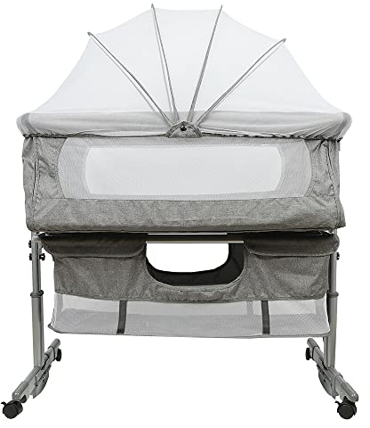 Kedia Babybetten mit Moskitonetz, Baby Beistellbett mit Rollen, Reisebett Baby, Baby-Spielbett Höhenverstellbar, Tragbares Kinderreisebett (92 * 58 * 70-90cm Dunkelgrau)