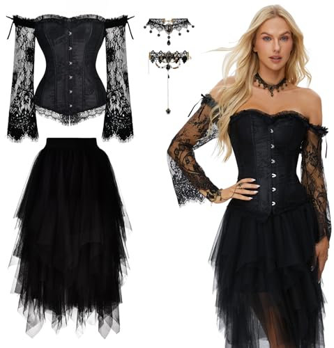 Joellfuner Halloween Deguisement Femmes, Corset et 76cm Jupe Tulle Noir, Gothique Overbust Top Bustier, Accessoires Carnaval Cosplay (FR/ES, Alpha/lettres, S, Taille normale, Taille normale, 1)