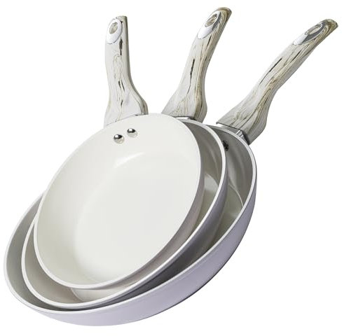 Joware Antihaft-Pfannen-Set, 20,3 cm, 24,1 cm, 27,9 cm, Keramik-Pfannen-Set, Keramikpfannen mit kühlbleibenden Griffen, ungiftig, spülmaschinenfest, lila und weiß, PFAS-, PTFE- und PFOA-frei