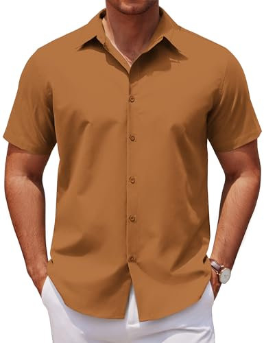 COOFANDY Short Sleeve Lightweight Summer Dress Business Casual Shirts for Men Adult Easy-Iron Office Formal Basic Classic Top Light Brown L