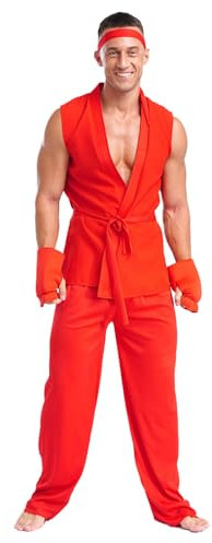 renvena Herren Box Kostüm Kickenboxen Kampfsport Cosplay Outfit Verkleidung Ärmellos Tops Lang Hose mit Strinband Gürtel Handschuhe Rot Einheitsgröße