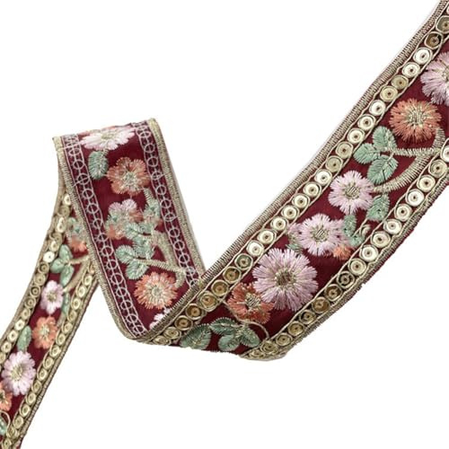 CABODYALS 9.14 m 40mm Jacquardband Mit Blumenbesatz Besticktes Band Rotes Stickband Boho Blumenstoff Applikations Nähbänder Zum Nähen Basteln Geschenk DIY Weihnachtsverzierung Dekoration