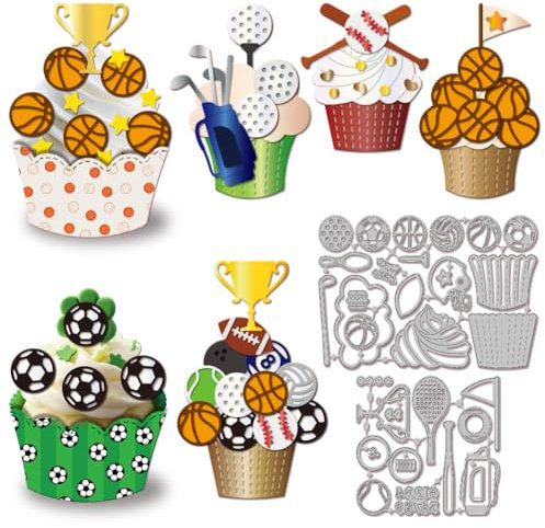 GLOBLELAND Fußball Cupcakes Papierpräge Stanzschablonen Set Sportball Basketball Handwerk Stanzmaschine Schablonen Rugby Baseball Metall Stanzschablone Set für Kartenherstellung DIY Handgefertigtes
