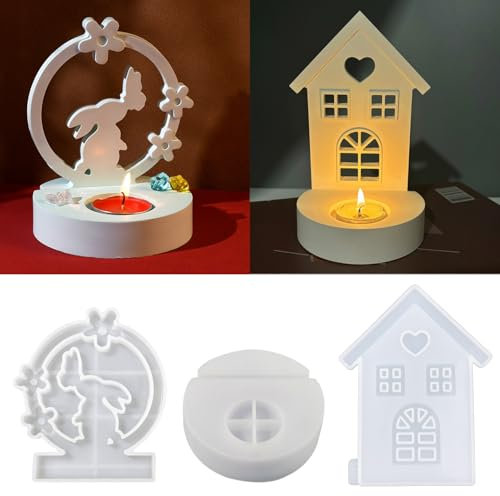 3 Stück Silikonformen Gießformen Ostern, Ostern Silikonform Hase und Häuser mit 1 Stück Rundem Sockel, Kerzenformen Zum Gießen, DIY Handwerk, Teelicht Silikonform ostern