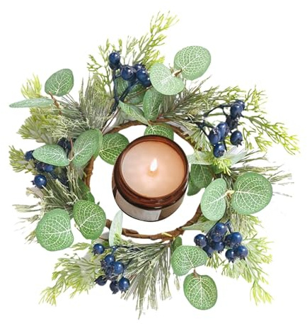 Candle Rings Wreaths, Eucalyptus Leaves Wreath, Blueberry Candle Wreath, Table Centerpieces Decor, Artificial Greenery Garland, Farmhouse Garland Wreath, Spring Candle Surround, Holiday Decor Wreath