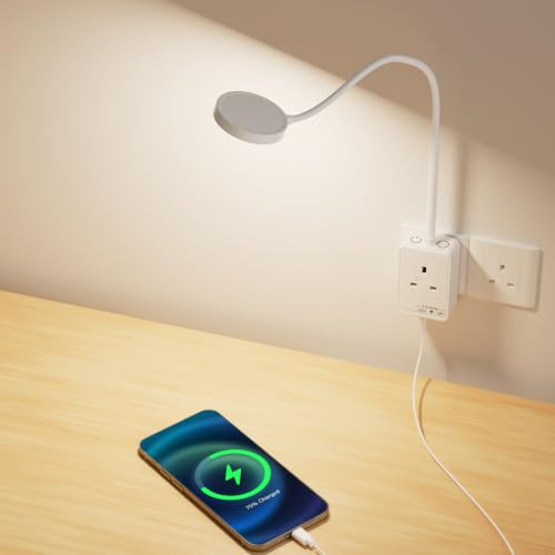 PRINCEWAY Plug in LED Reading Light, Dimmable LED White Flexible Bedside Wall Lamp with Power Plug and Extension Socket, Two Touch Switches, 3 Lighting Color Modes, USB Output Charging Function
