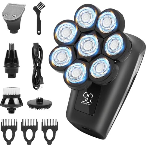 OFFCUP Glatzen Rasierer Herren IPX6 Wasserdicht Kopfrasierer Glatze mit 8D Scherköpfe Wiederaufladbarer Rasierer Magnetische Schwebender Kopf mit LED Anzeige, Nasenhaartrimmer