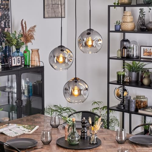 HOFSTEIN Hängeleuchte Ripoll, 3-flammige Hängelampe aus Metall/Glas in Schwarz/Rauchfarben/Klar, moderne Pendelleuchte im Retro/Vintage-Design, Schirme Ø 20 cm, E27, Esszimmer, Küche, Wohnzimmer