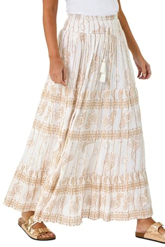 Roman Originals Gypsy Maxi Skirt for Women UK Ladies Tiered Bohemian Long Ankle Length Cotton Elasticated Waistband High Waist Monochrome Lounge Lightweight Holiday - White Paisley - Size 12