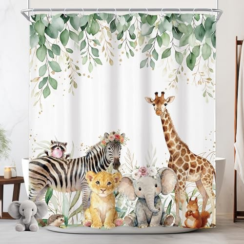 Newsely Duschvorhang für Kinder, Waldtiere, Eukalyptus, 152,4 x 183,9 cm, niedliche Frühlingsblätter, lustig, Cartoon, botanische Tierwelt, Badezimmer-Set, Jungen, Mädchen, Kinderzimmer, wasserdicht