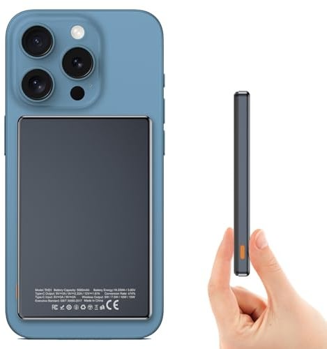 Magnetische Powerbank 5000mAh für MagSafe - 20W PD & 15W Kabellose Schnellladung, Ultraslim Tragbarer Externer Akku mit USB-C für iPhone 17/16/15/14/13/12 Serie Android