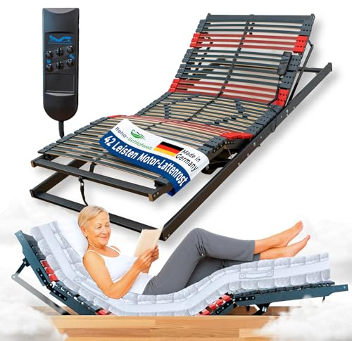 Reha-Schlafwelt 7-Zonen Lattenrost elektrisch verstellbar, 90x200 cm | Kopf-, Fußteil durch Motor verstellbar, Bettenrost motorisiert, komplett montiert, 42 Federleisten, Härtegrad-Regulierung