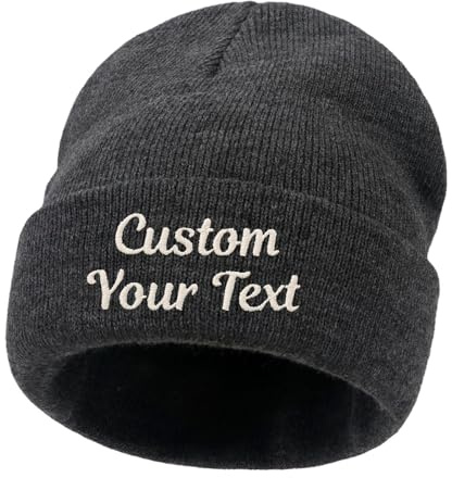 CHARMMYFASHION Personalisierte Mütze für Herren und Damen, Beanie mit Leder Patch und Text, Totenkopf Kappe mit Gesticktem Text-Logo