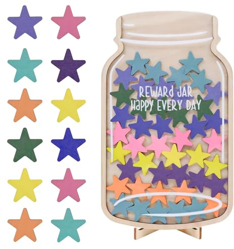 Belohnungsglas Kinder aus Bucheholz, Reward Jar mit 45 Sternen, Belohnungssystem für Zuhause und Klassenzimmer, Motivationsglas für gutes Benehmen und Routinen, 27 x 17 x 2,5 cm
