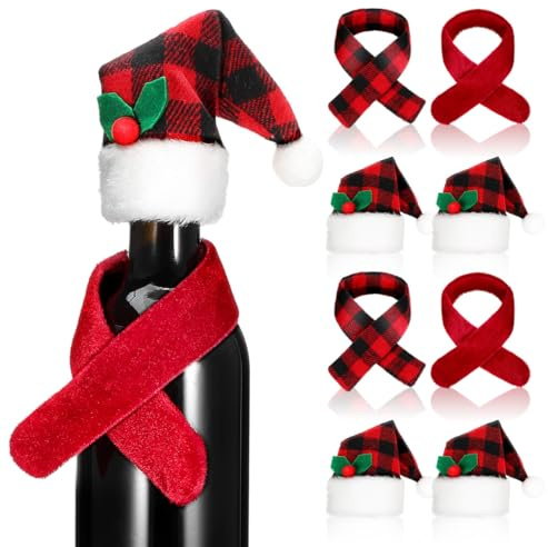 DEARMAMY 4 Sets Christmas Wine Bottle Covers - Mini Santa Hats and Buffalo Plaid Scarves Set, Festive Wine Bottle Decorations for Holiday Parties, Table Decor, and Xmas Party Favors