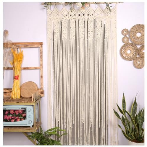 Equeen Handicraft Macrame Curtain for Doorways 77x35 Inches, Boho Lace Door Curtain for Bedroom Living Room, Handcrafted Bohemian Macrame Room Divider, Wedding Backdrop Decor, Beige