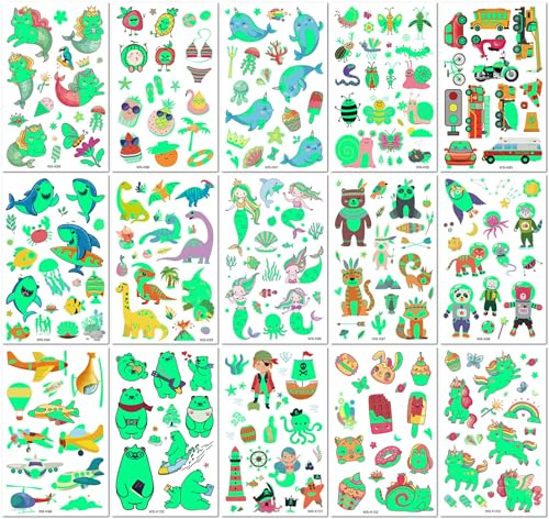15 Blatt Temporäre Tattoos Für Kinder Die Im Dunkeln Leuchten Und Cartoon Motive Wie Dinosaurier Meerjungfrauen Einhörner Autos Tiere Und Haie Zeigen