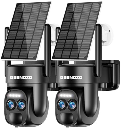 BEENOZO 4K Camera Surveillance WiFi Exterieure/Interieure sans Fil avec Double Objectif 360° PTZ, avec Panneau Solaire, Détection Humaine AI, Nocturne Couleur (Noir 2PCS)
