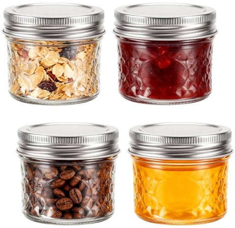 Hejo Mini Tarros de Cristal con Tapa, 100 ml/3,4 oz, 4 Piezas | Tarros Mason con Textura de Rejilla y Tapa, Tarros Herméticos para Mermelada Miel Especias Avena Nocturna