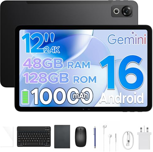 POPUX P12 Tablette Android 16, 120Hz 2.4K Tablette 12 Pouces avec Gemini AI, 48Go+128Go/2To, Tablette Tactile Unisoc T7280 Octa-Core, 10000mAh, 13MP+8MP, Face ID, Widevine L1, Clavier, Stylet, Noir