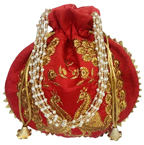 Purpledip Potli Bag (Clutch, Drawstring Purse) For Women With Intricate Gold Thread & Sequin Embroidery Work, Rote Pfauen, Large