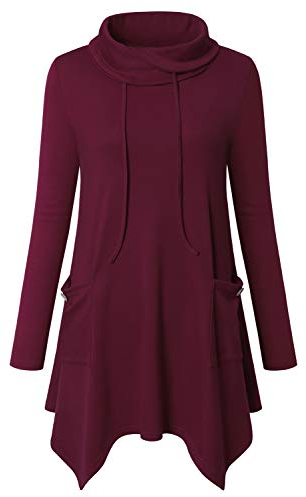 Amrto Damen Bluse Turtleneck Asymmetrische Saum Pullover Damen Langarm Tops Lange Hemd Pullover Tunika mit Taschen, Wein L