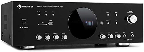 AUNA AMP-218 BT - Amplificateur Surround numérique 5.1, Bluetooth, entrée AUX pour lecteurs CD/DVD, USB, Lecteur SD, 5 Sorties d'enceinte:2 x 120 Watts RMS et 3 x 50 Watts RMS, Noir