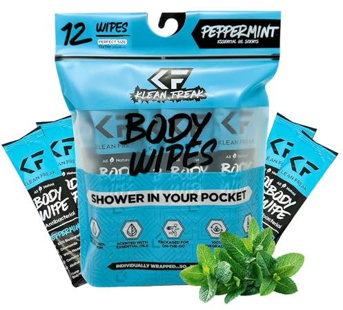 KLEAN FREAK Body 12-Count Wipes - Original Disposable Wipes, Individually Wrapped for the Gym, Workout, Hiking, Travel, and Sport (Peppermint)