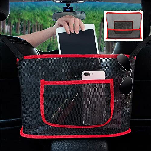 NganSuRong Car Handbag Holder Organiser Net Pocket,Car Seat Organizer Bag for Cell Phone and Purse,Car Document Holder,Car Tidy Storage Mesh Bags Box,Car Seat Gap Back Seat Kick Mats Protector (Red)