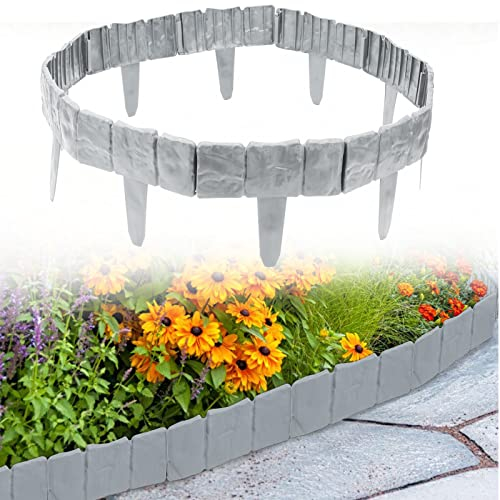 Jiubiaz 100Pcs Rasenkante Kunstoff 25M Grau Beeteinfassung Steinoptik Palisade Beetumrandung Mähkante Gartenzaun für Garten Border Blumenbeet LxH 25x23cm