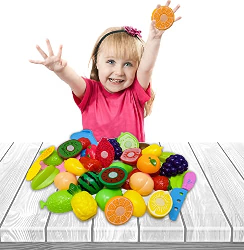 Koolbitz 37 PCs Pretend Play Fruit & Vegetable Cutting Toy Set Educational Kitchen Play Food Set for Kids, Non-Toxic Plastic, Includes Knife & Tray, Perfect for Toddlers, Boys & Girls Ages 3+