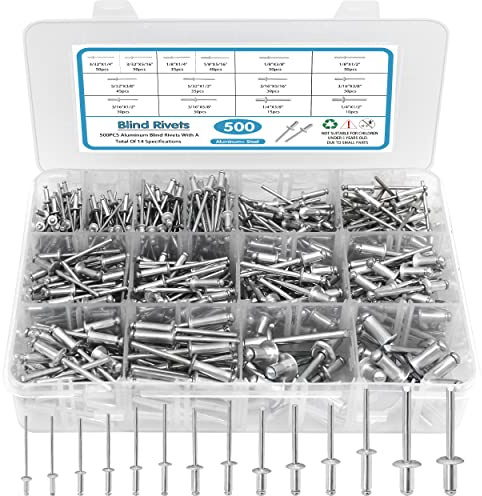 SATANTECH 500pcs Pop Rivets Assortment Kit,14 SAE Sizes Aluminum Rivets (3/32 1/8 5/32 3/16 1/4), Assorted Blind Rivets with Reinfored Divider & Labeled Case