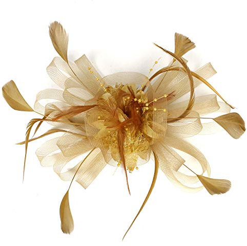 SJTJSPX Fascinator Women Ascot Hats Wedding Bridal Headpiece Ribbons Feathers Headband Cocktail Tea Party Headdress Banquet Prom Hair Clip Hat Fancy Dress Pillbox Hat for Ladies and Girls Gold