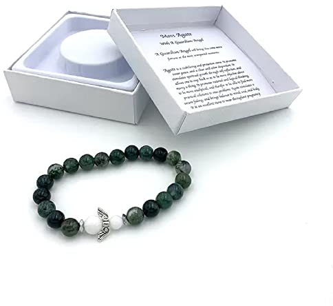 AB Viking Crafts Handgefertigtes Moos Achat Edelstein Armband mit Schutzengel in Geschenkbox | Glück Liebe Energie Familie
