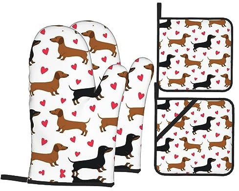 Romantische Dackel Küche Backen 4-teiliges Set Topflappen Ofenhandschuhe zum Grillen Kochen und Backen